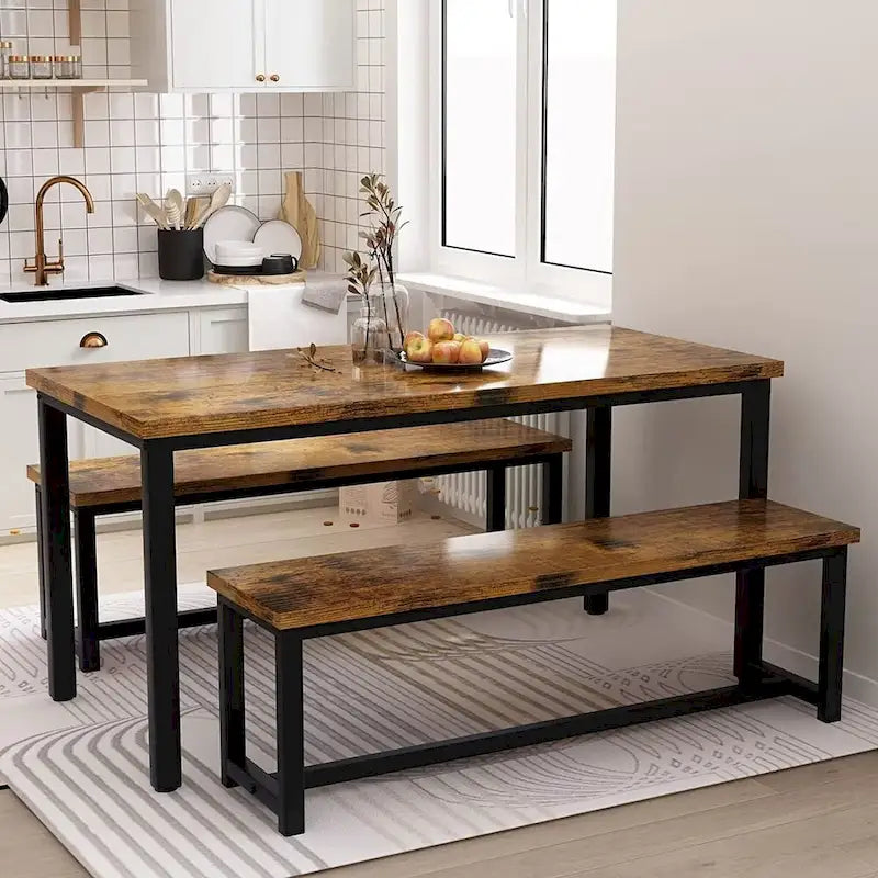Industrial 3-Piece Dining Table Set, Retro Wood Kitchen Table Set with 2 Benches for Home Kitchen, Dining Room, Restaurant