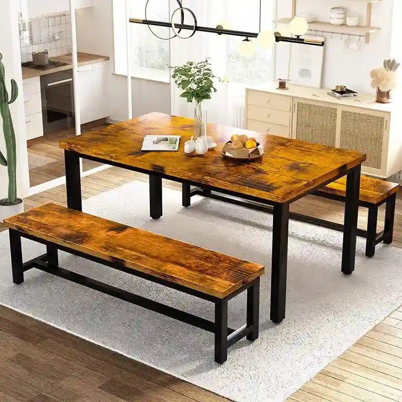 Industrial 3-Piece Dining Table Set, Retro Wood Kitchen Table Set with 2 Benches for Home Kitchen, Dining Room, Restaurant