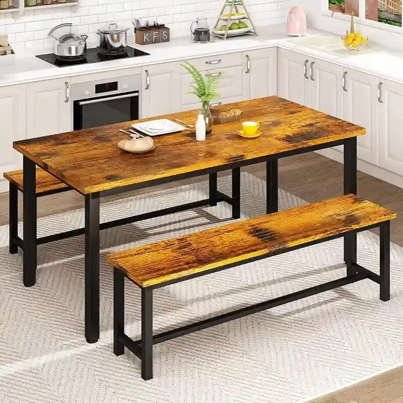 Industrial 3-Piece Dining Table Set, Retro Wood Kitchen Table Set with 2 Benches for Home Kitchen, Dining Room, Restaurant