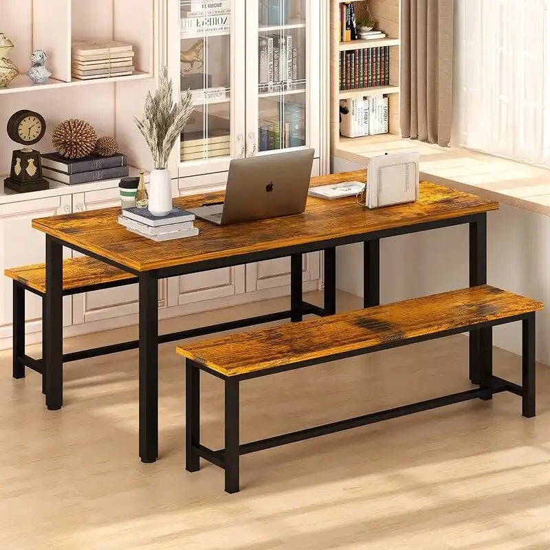 Industrial 3-Piece Dining Table Set, Retro Wood Kitchen Table Set with 2 Benches for Home Kitchen, Dining Room, Restaurant