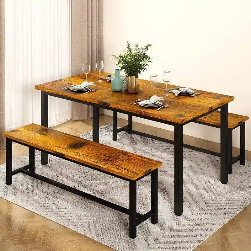Industrial 3-Piece Dining Table Set, Retro Wood Kitchen Table Set with 2 Benches for Home Kitchen, Dining Room, Restaurant