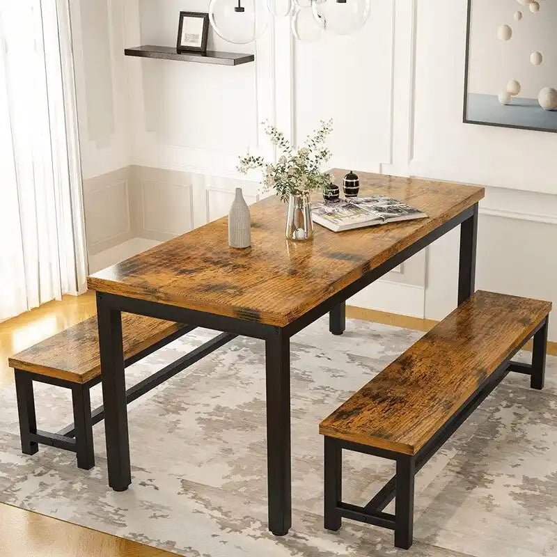 Industrial 3-Piece Dining Table Set, Retro Wood Kitchen Table Set with 2 Benches for Home Kitchen, Dining Room, Restaurant