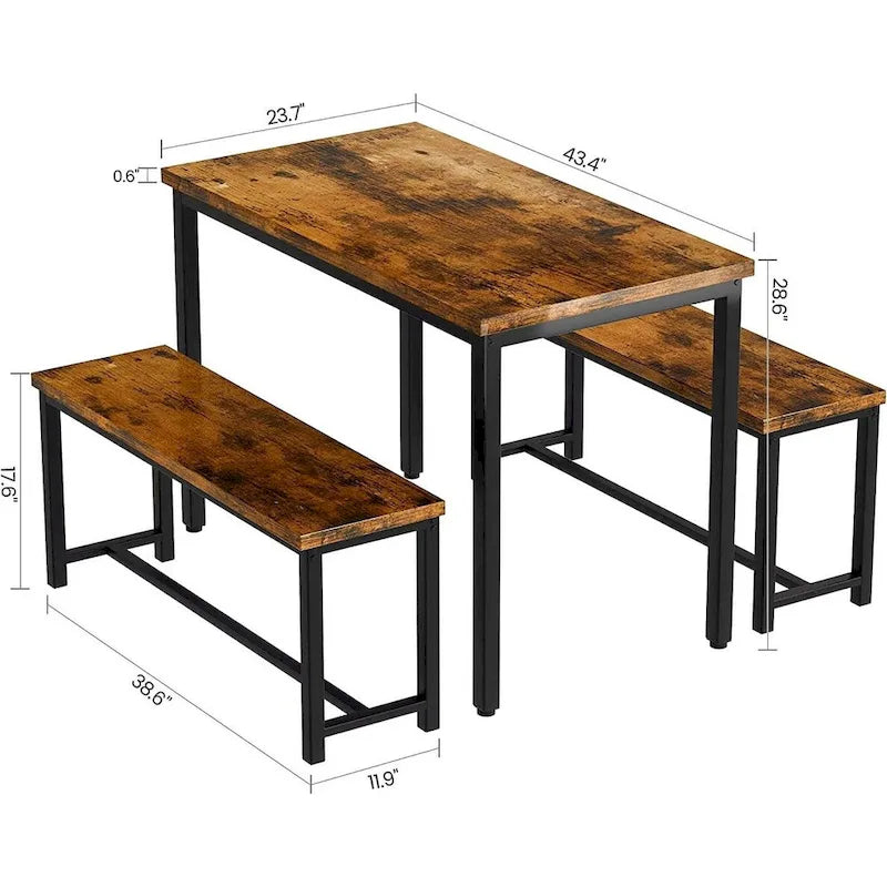 Industrial 3-Piece Dining Table Set, Retro Wood Kitchen Table Set with 2 Benches for Home Kitchen, Dining Room, Restaurant