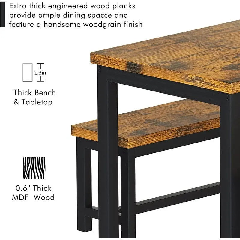 Industrial 3-Piece Dining Table Set, Retro Wood Kitchen Table Set with 2 Benches for Home Kitchen, Dining Room, Restaurant
