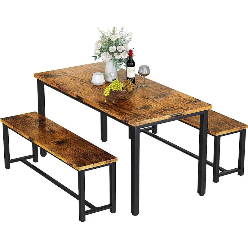 Industrial 3-Piece Dining Table Set, Retro Wood Kitchen Table Set with 2 Benches for Home Kitchen, Dining Room, Restaurant