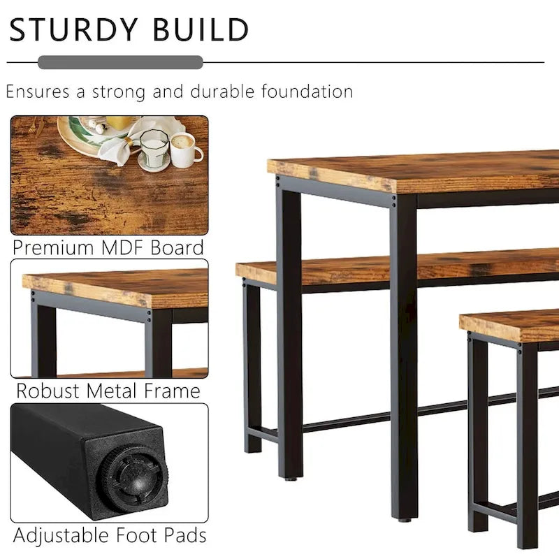 Industrial 3-Piece Dining Table Set, Retro Wood Kitchen Table Set with 2 Benches for Home Kitchen, Dining Room, Restaurant