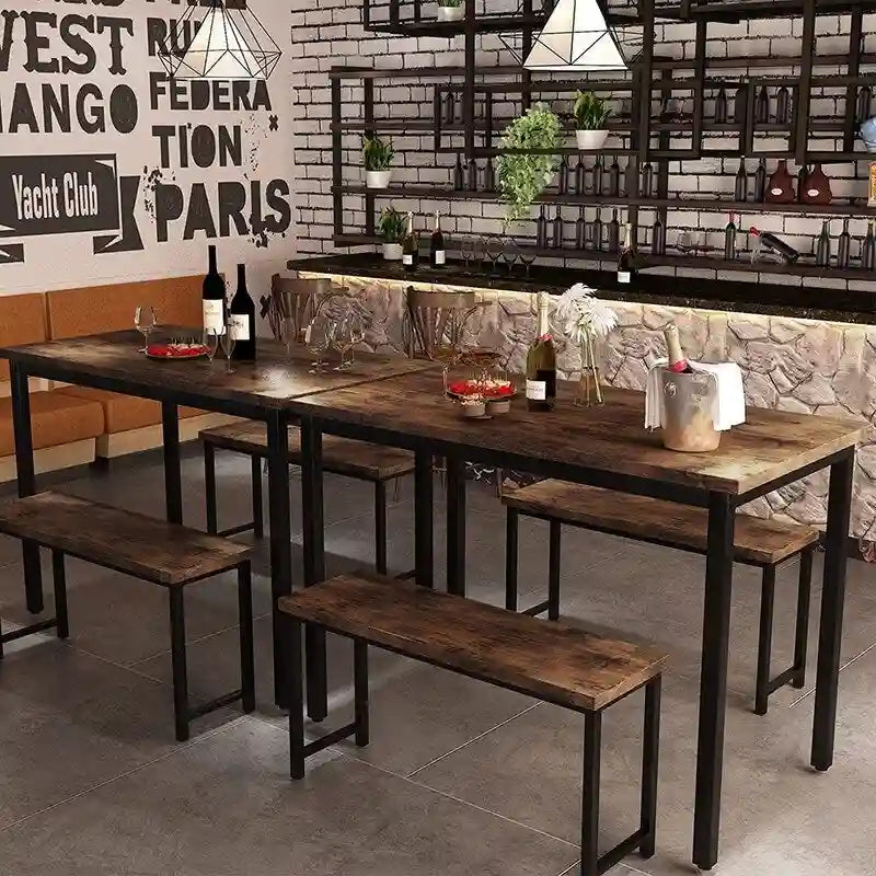 Industrial 3-Piece Dining Table Set, Retro Wood Kitchen Table Set with 2 Benches for Home Kitchen, Dining Room, Restaurant