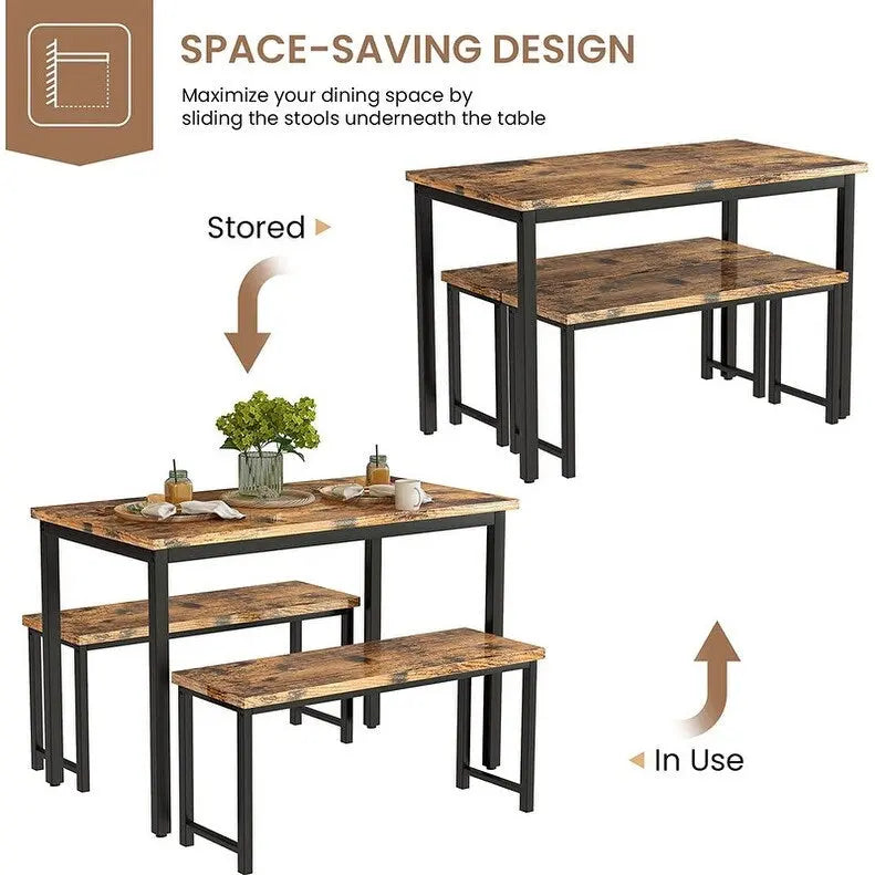 Industrial 3-Piece Dining Table Set, Retro Wood Kitchen Table Set with 2 Benches for Home Kitchen, Dining Room, Restaurant