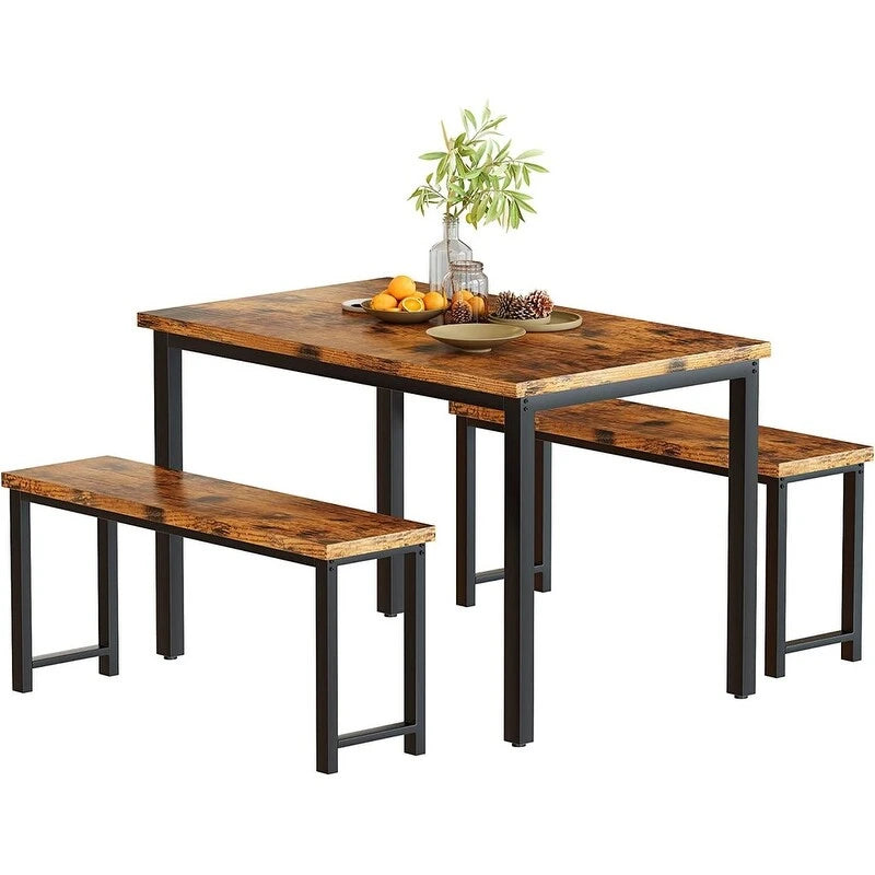 Industrial 3-Piece Dining Table Set, Retro Wood Kitchen Table Set with 2 Benches for Home Kitchen, Dining Room, Restaurant