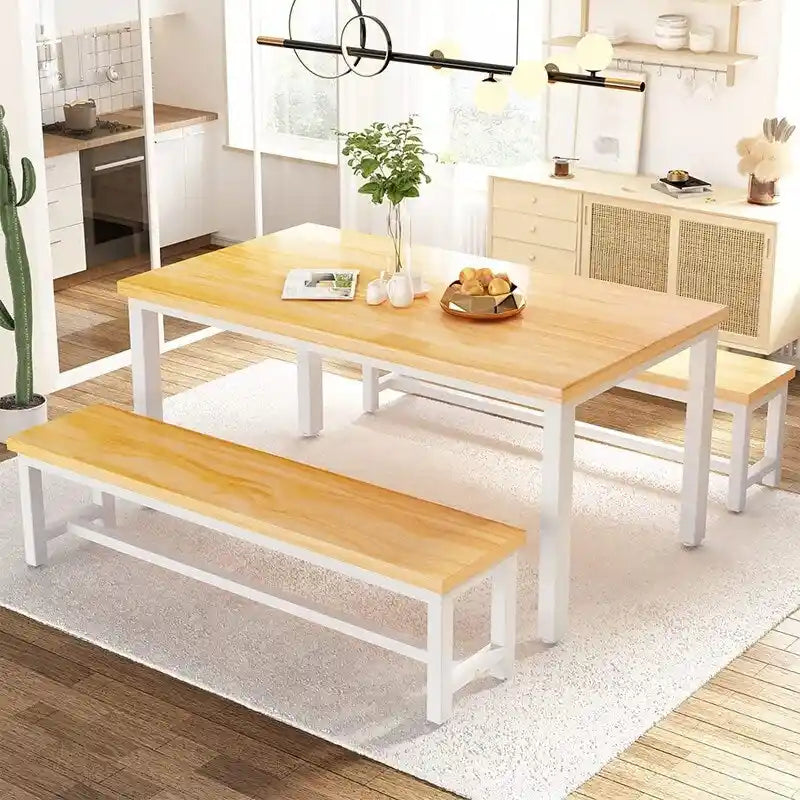 Industrial 3-Piece Dining Table Set, Retro Wood Kitchen Table Set with 2 Benches for Home Kitchen, Dining Room, Restaurant