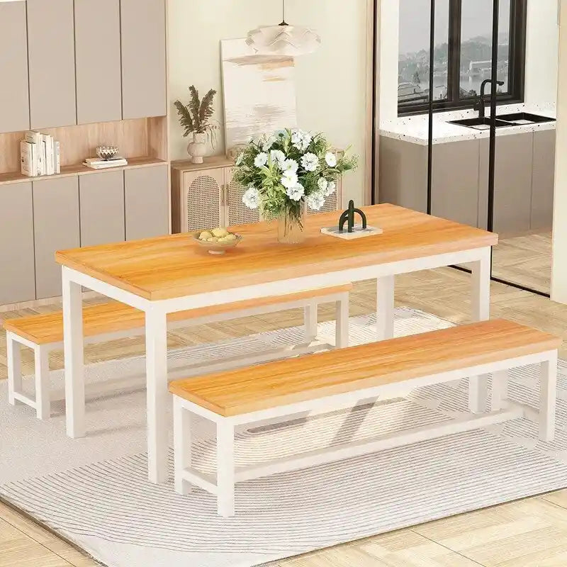 Industrial 3-Piece Dining Table Set, Retro Wood Kitchen Table Set with 2 Benches for Home Kitchen, Dining Room, Restaurant