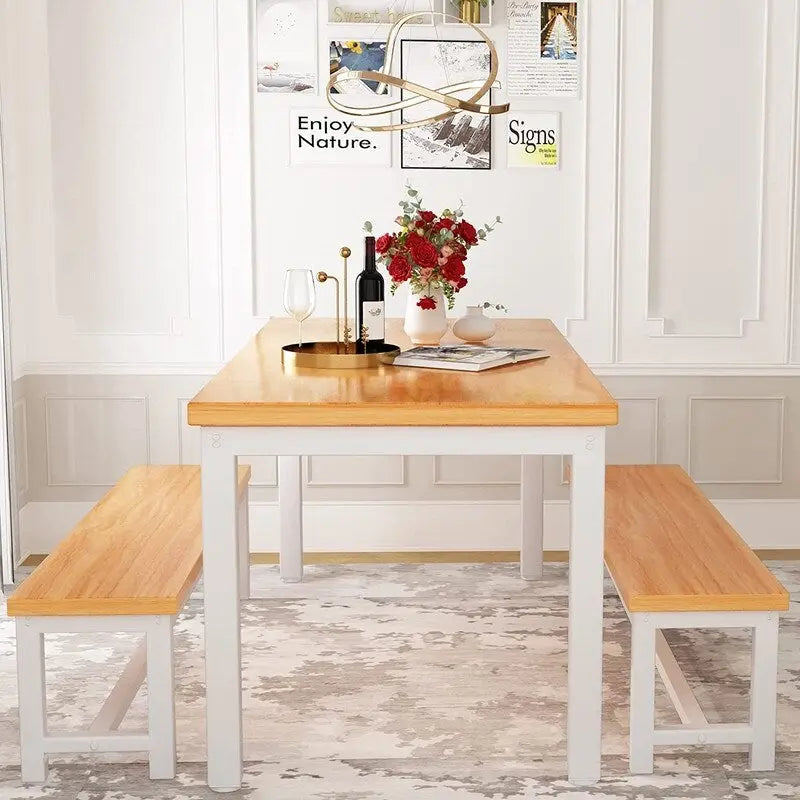 Industrial 3-Piece Dining Table Set, Retro Wood Kitchen Table Set with 2 Benches for Home Kitchen, Dining Room, Restaurant