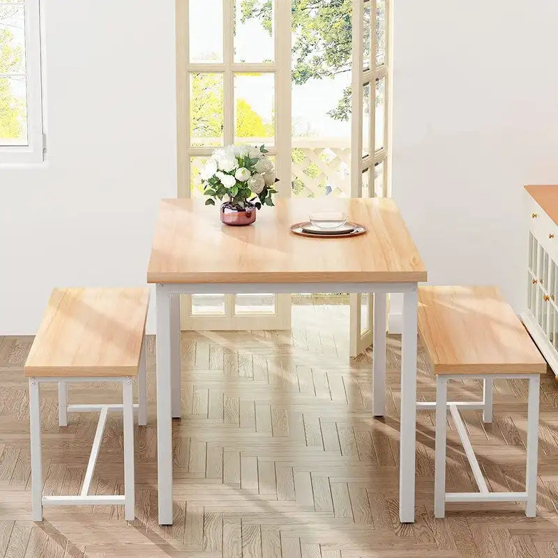 Industrial 3-Piece Dining Table Set, Retro Wood Kitchen Table Set with 2 Benches for Home Kitchen, Dining Room, Restaurant