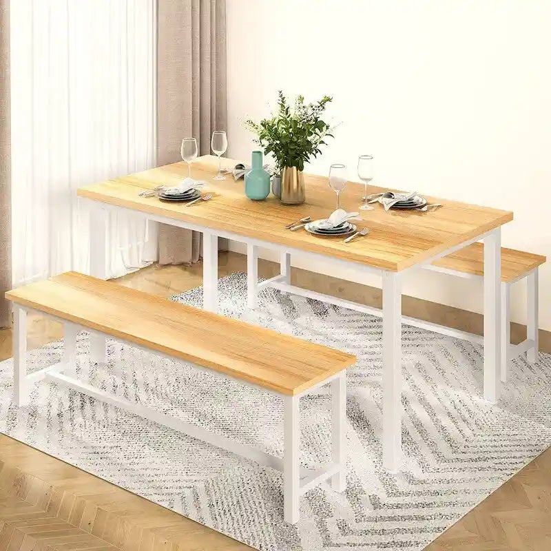 Industrial 3-Piece Dining Table Set, Retro Wood Kitchen Table Set with 2 Benches for Home Kitchen, Dining Room, Restaurant