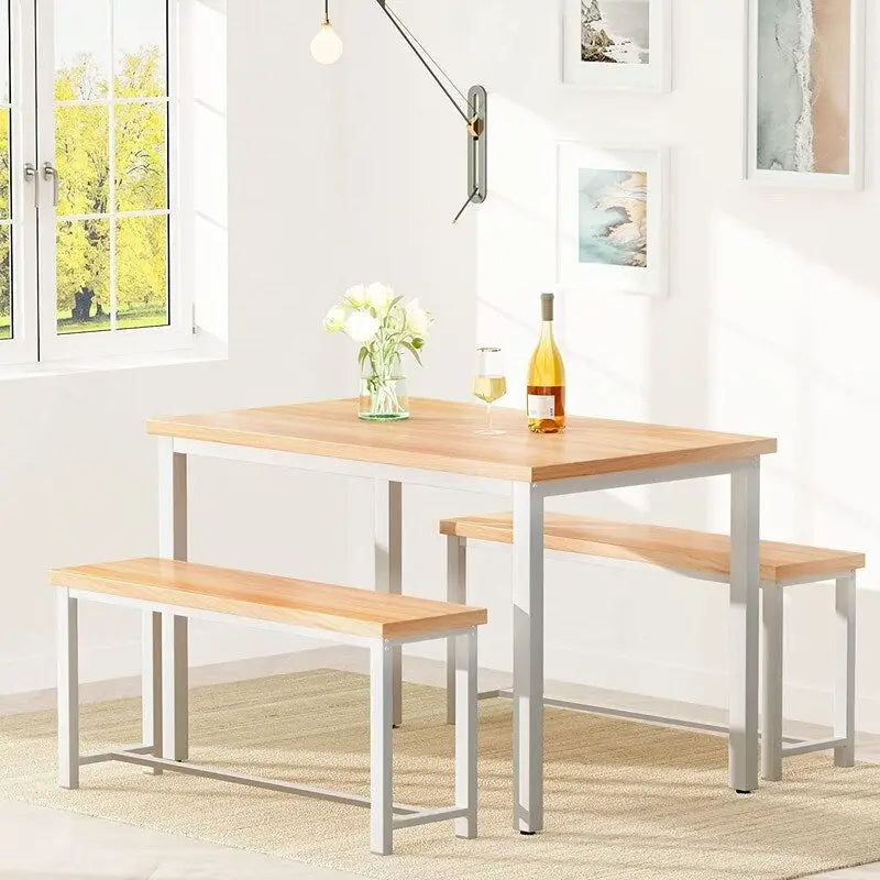 Industrial 3-Piece Dining Table Set, Retro Wood Kitchen Table Set with 2 Benches for Home Kitchen, Dining Room, Restaurant