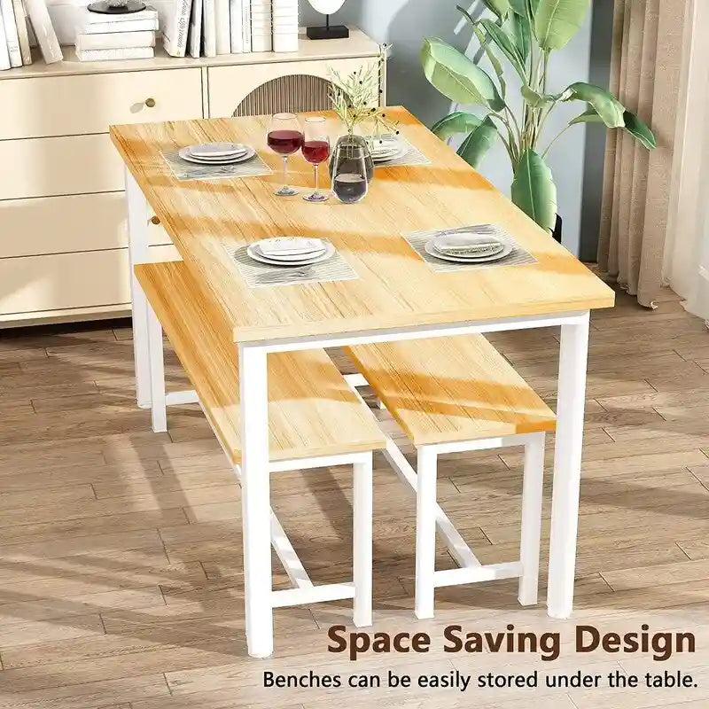 Industrial 3-Piece Dining Table Set, Retro Wood Kitchen Table Set with 2 Benches for Home Kitchen, Dining Room, Restaurant