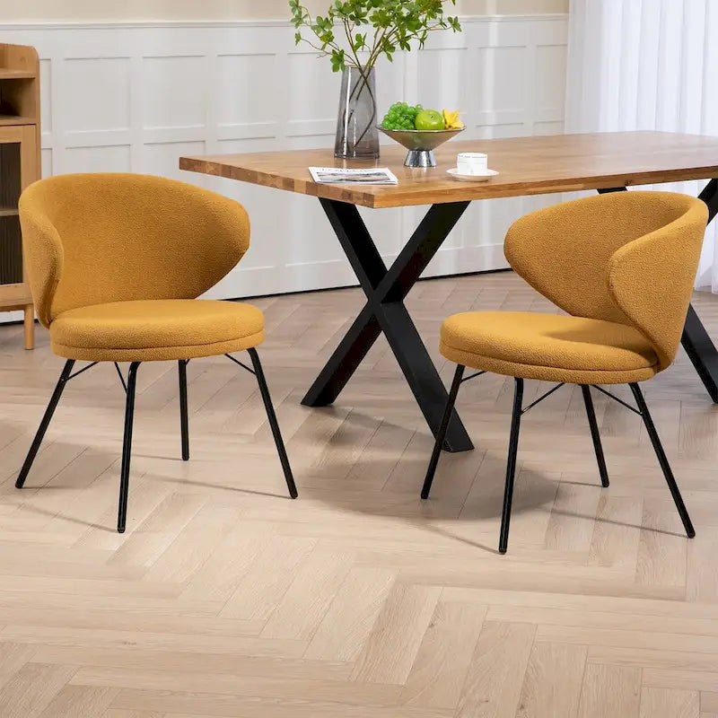 Set of 2 Barclay Orange Boucle Fabric Dining Chair with Black Iron Legs