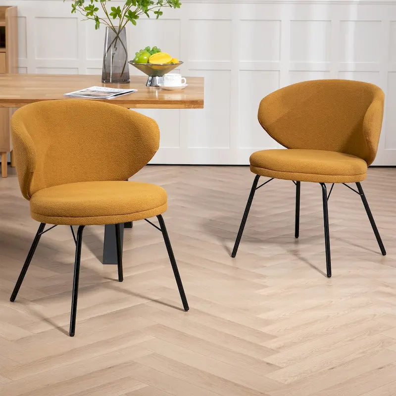 Set of 2 Barclay Orange Boucle Fabric Dining Chair with Black Iron Legs