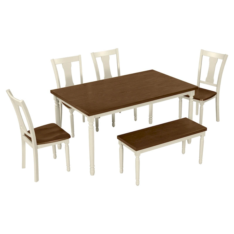 Classic 6-Piece Dining Set Wooden Table and 4 Chairs with Bench for Kitchen Dining Room