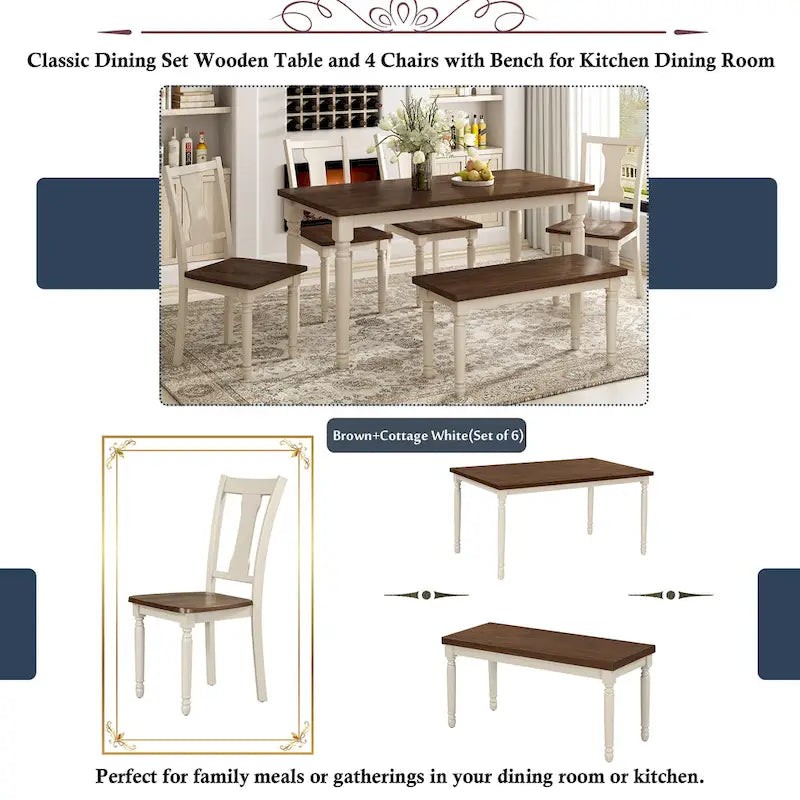 Classic 6-Piece Dining Set Wooden Table and 4 Chairs with Bench for Kitchen Dining Room