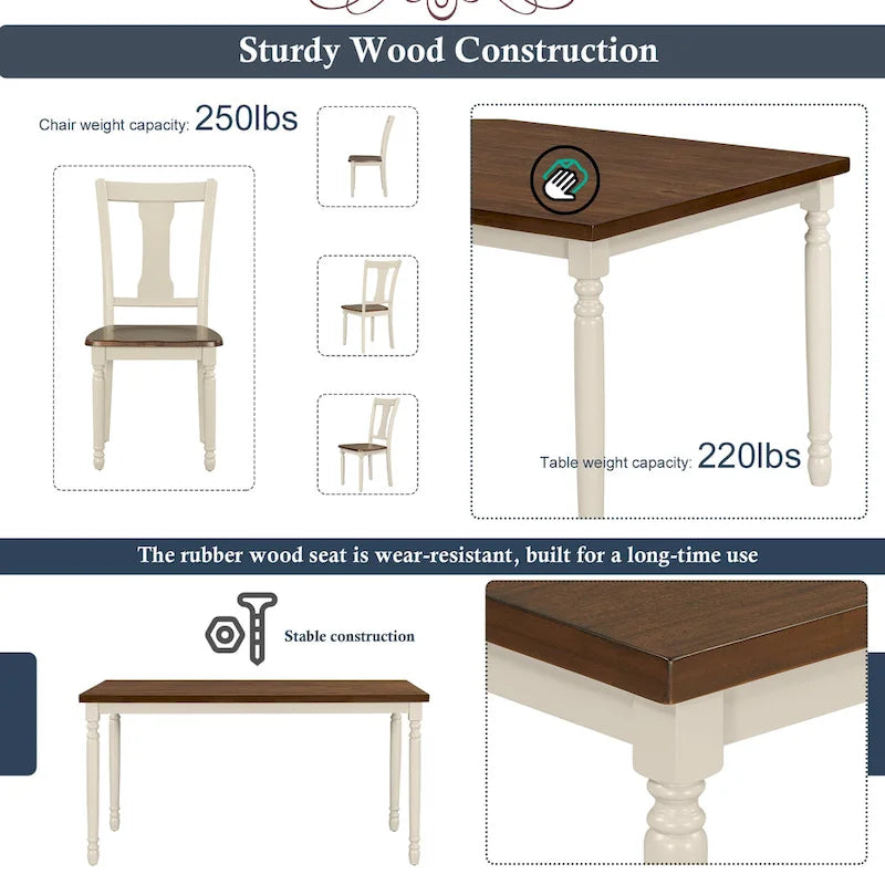 Classic 6-Piece Dining Set Wooden Table and 4 Chairs with Bench for Kitchen Dining Room