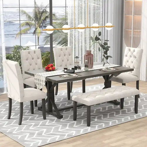 6-Piece Dining Table Set, 72  Rectangular Table, 4 Chairs with Bench