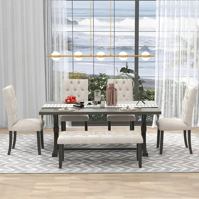 6-Piece Dining Table Set, 72  Rectangular Table, 4 Chairs with Bench