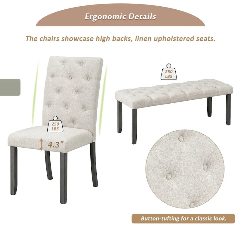 6-Piece Dining Table Set, 72  Rectangular Table, 4 Chairs with Bench