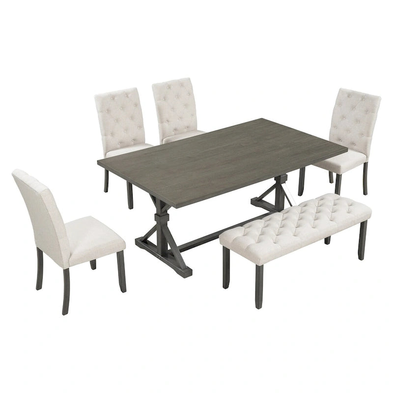6-Piece Dining Table Set, 72  Rectangular Table, 4 Chairs with Bench