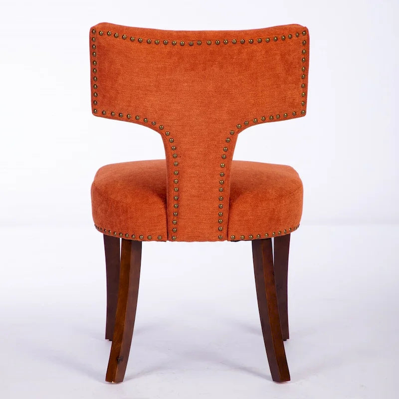 Modern Dining Chairs Set of 2, Farmhouse Linen Fabric Upholstered Accent Chair Curved Backrest with Copper Nails around