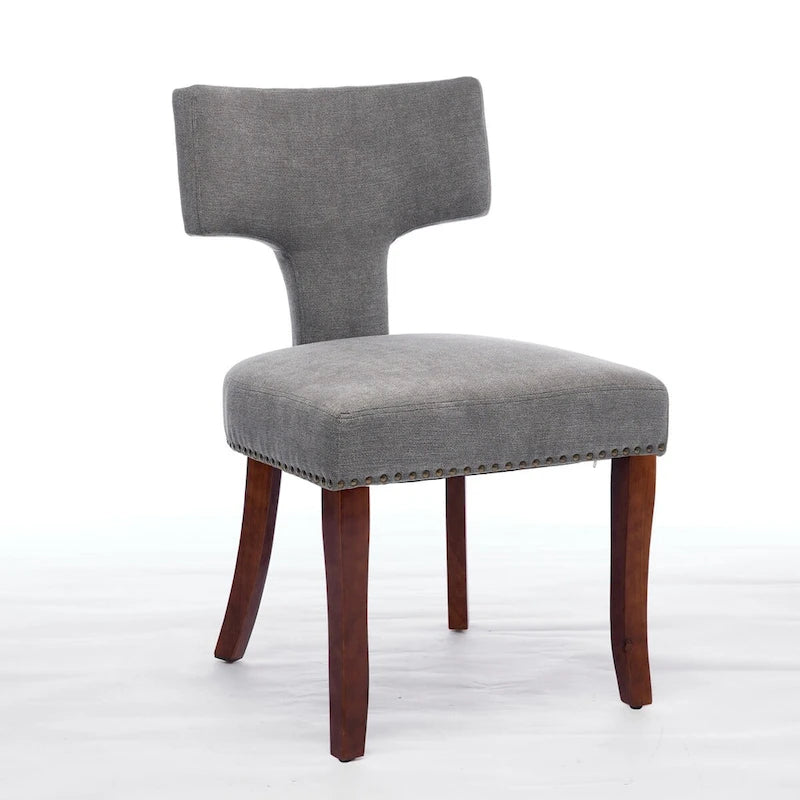 Modern Dining Chairs Set of 2, Farmhouse Linen Fabric Upholstered Accent Chair Curved Backrest with Copper Nails around