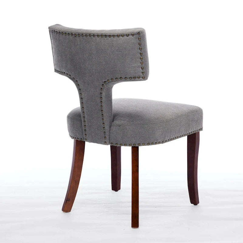 Modern Dining Chairs Set of 2, Farmhouse Linen Fabric Upholstered Accent Chair Curved Backrest with Copper Nails around