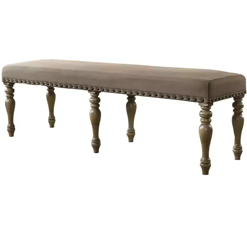 Roundhill Furniture Birmingham Microfiber Upholstered Bench with Nail Head Trim in Driftwood Finish