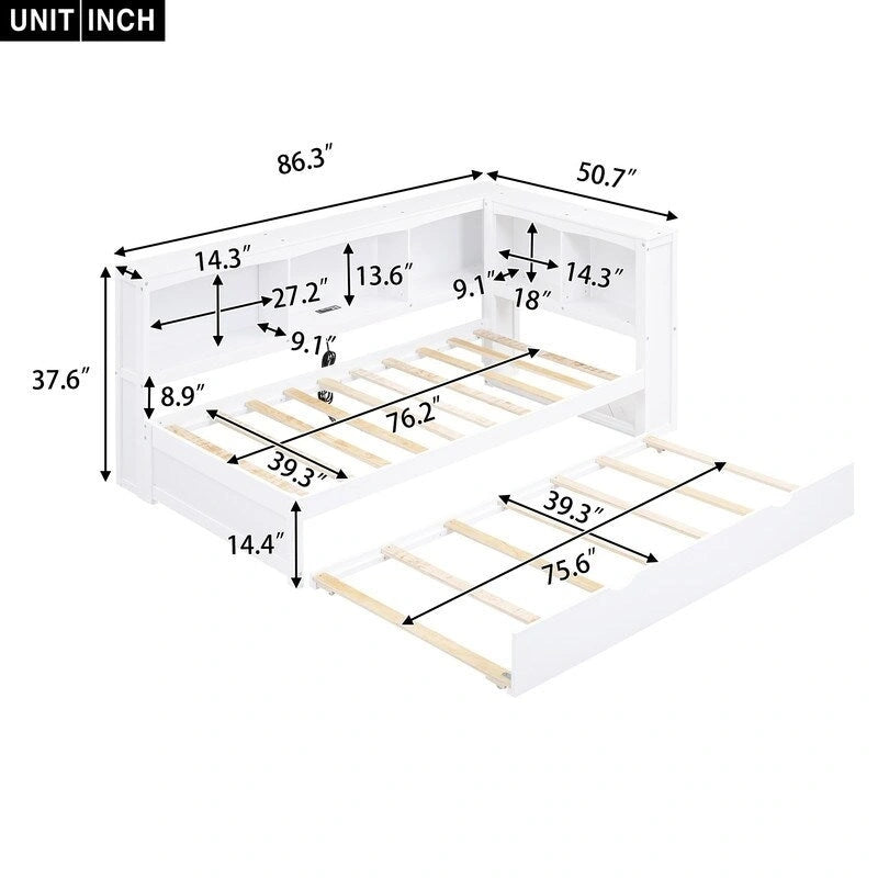 Twin Size Daybed with Trundle, Storage Cabinets and USB Ports