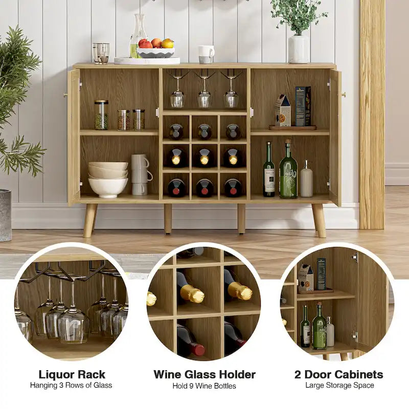 Anmytek Farmhouse Wood Rattan 2-Door Kitchen Buffet Sideboard Storage Wine Cabinet with Wine Rack and Glass Holder