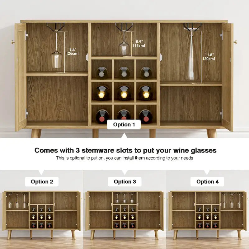 Anmytek Farmhouse Wood Rattan 2-Door Kitchen Buffet Sideboard Storage Wine Cabinet with Wine Rack and Glass Holder