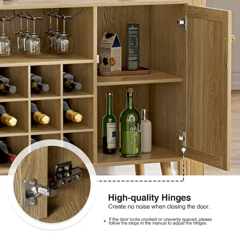 Anmytek Farmhouse Wood Rattan 2-Door Kitchen Buffet Sideboard Storage Wine Cabinet with Wine Rack and Glass Holder