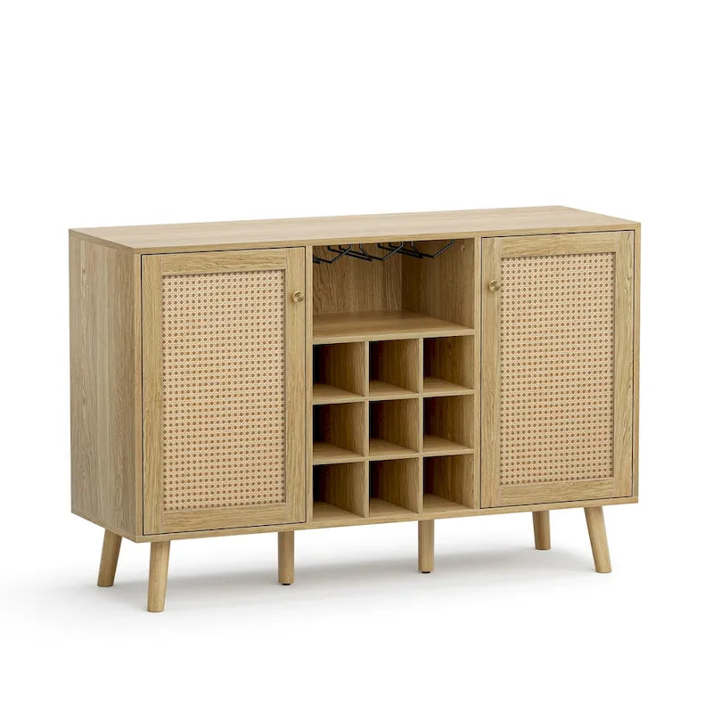 Anmytek Farmhouse Wood Rattan 2-Door Kitchen Buffet Sideboard Storage Wine Cabinet with Wine Rack and Glass Holder