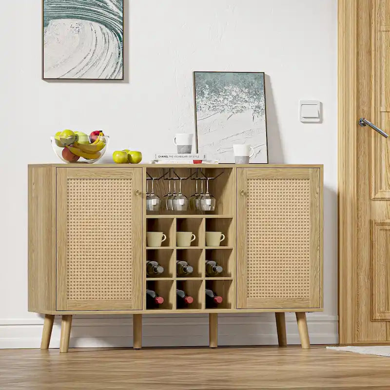 Anmytek Farmhouse Wood Rattan 2-Door Kitchen Buffet Sideboard Storage Wine Cabinet with Wine Rack and Glass Holder