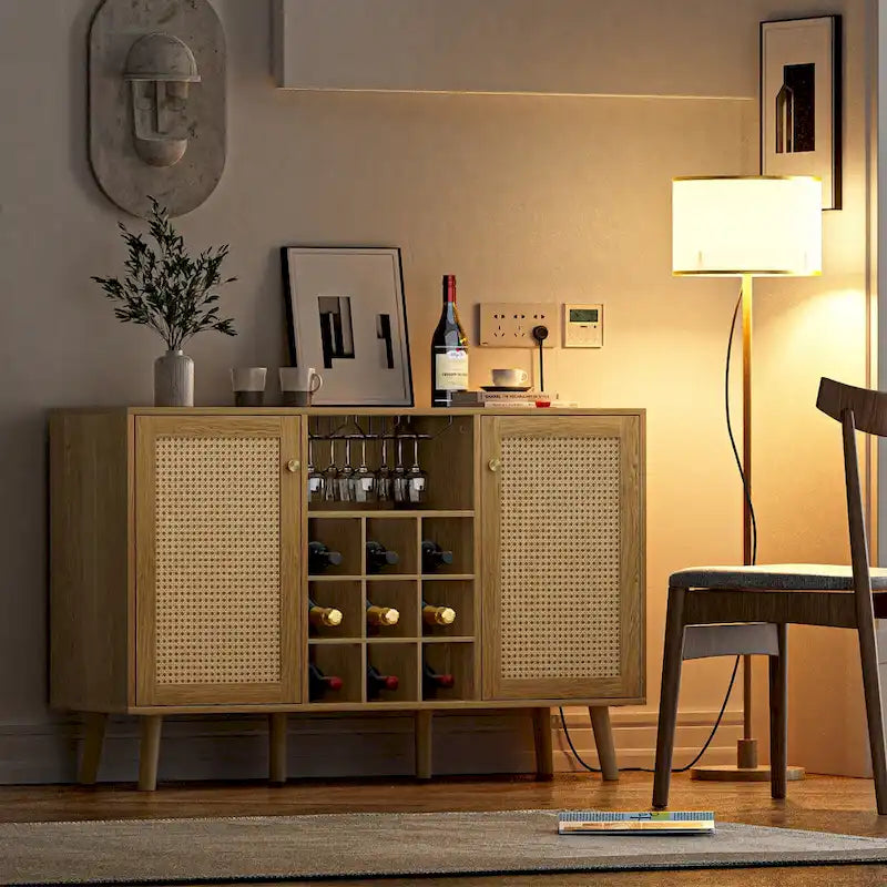 Anmytek Farmhouse Wood Rattan 2-Door Kitchen Buffet Sideboard Storage Wine Cabinet with Wine Rack and Glass Holder