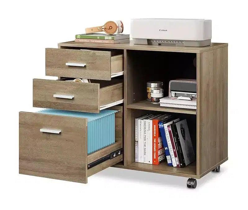 DEXYLLO 3-Drawer Wood File Cabinet, Mobile Lateral Filing Cabinet, Printer Stand with Open Storage Shelves for Home Office