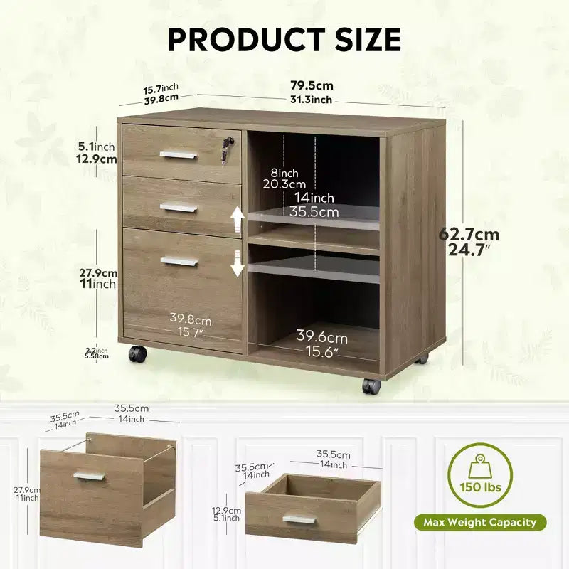 DEXYLLO 3-Drawer Wood File Cabinet, Mobile Lateral Filing Cabinet, Printer Stand with Open Storage Shelves for Home Office
