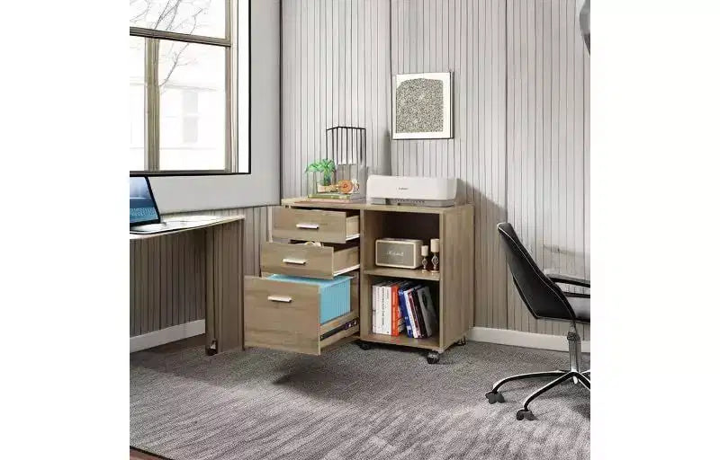 DEXYLLO 3-Drawer Wood File Cabinet, Mobile Lateral Filing Cabinet, Printer Stand with Open Storage Shelves for Home Office