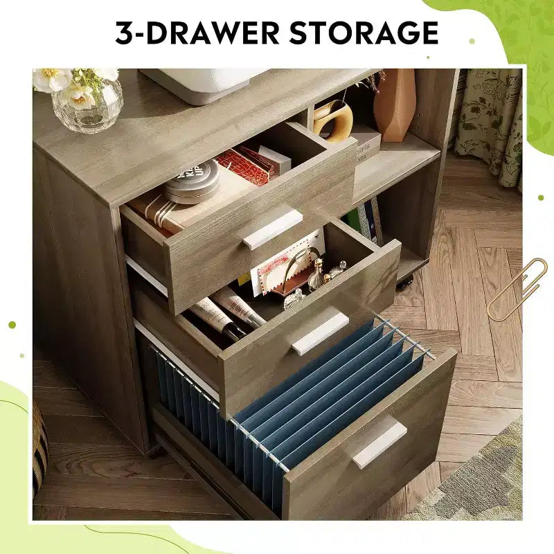 DEXYLLO 3-Drawer Wood File Cabinet, Mobile Lateral Filing Cabinet, Printer Stand with Open Storage Shelves for Home Office