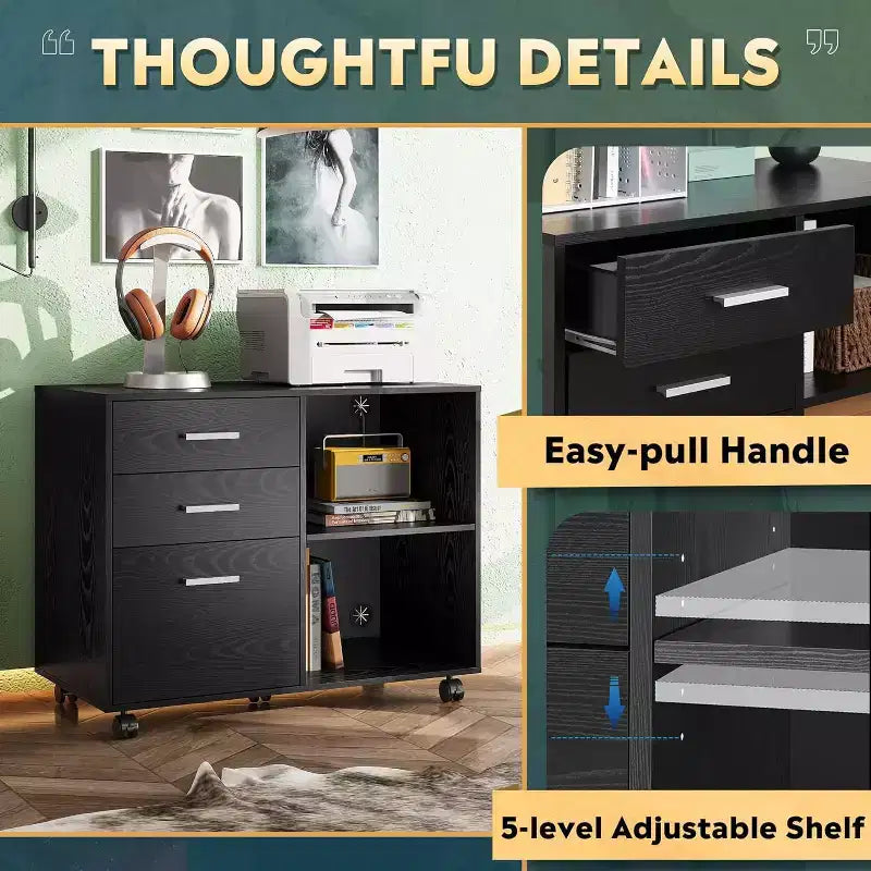 DEXYLLO 3-Drawer Wood File Cabinet, Mobile Lateral Filing Cabinet, Printer Stand with Open Storage Shelves for Home Office
