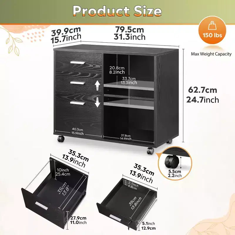 DEXYLLO 3-Drawer Wood File Cabinet, Mobile Lateral Filing Cabinet, Printer Stand with Open Storage Shelves for Home Office