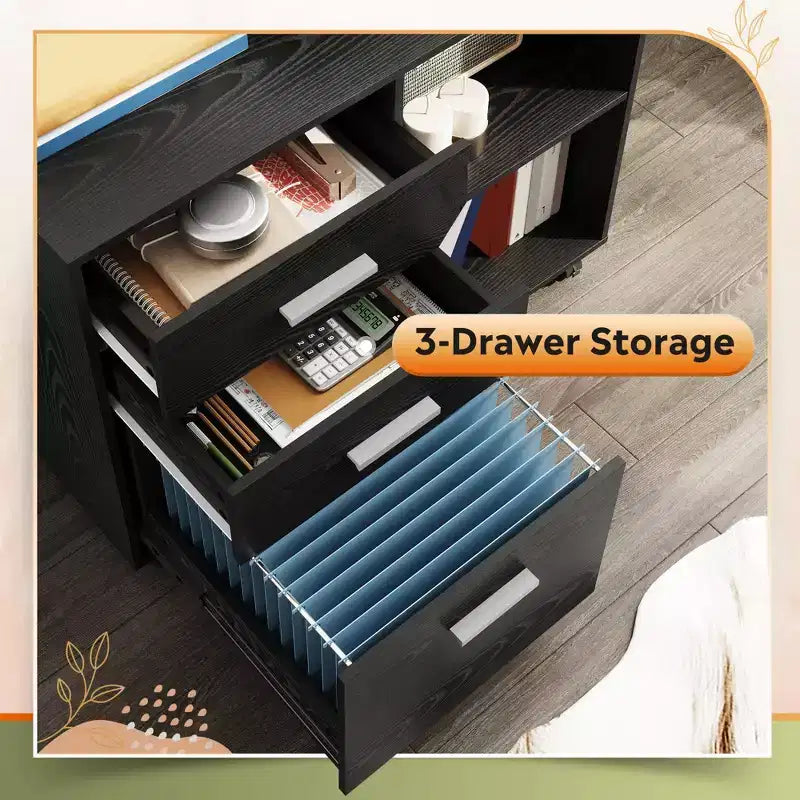 DEXYLLO 3-Drawer Wood File Cabinet, Mobile Lateral Filing Cabinet, Printer Stand with Open Storage Shelves for Home Office