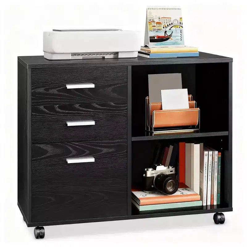 DEXYLLO 3-Drawer Wood File Cabinet, Mobile Lateral Filing Cabinet, Printer Stand with Open Storage Shelves for Home Office