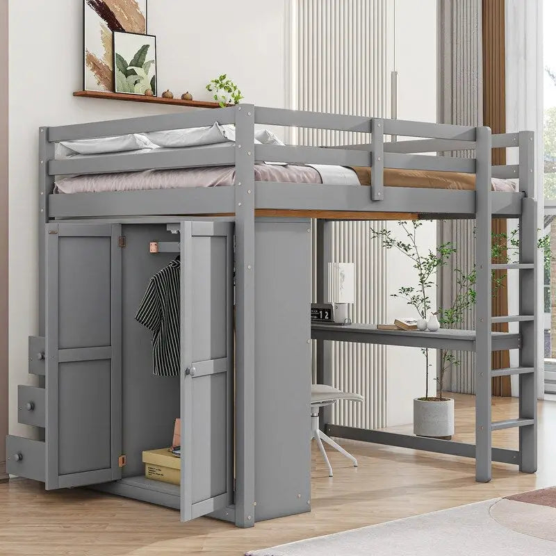 Full Size Wood Loft Bed with Built-in Wardrobe, Desk, Storage Shelves and Drawers