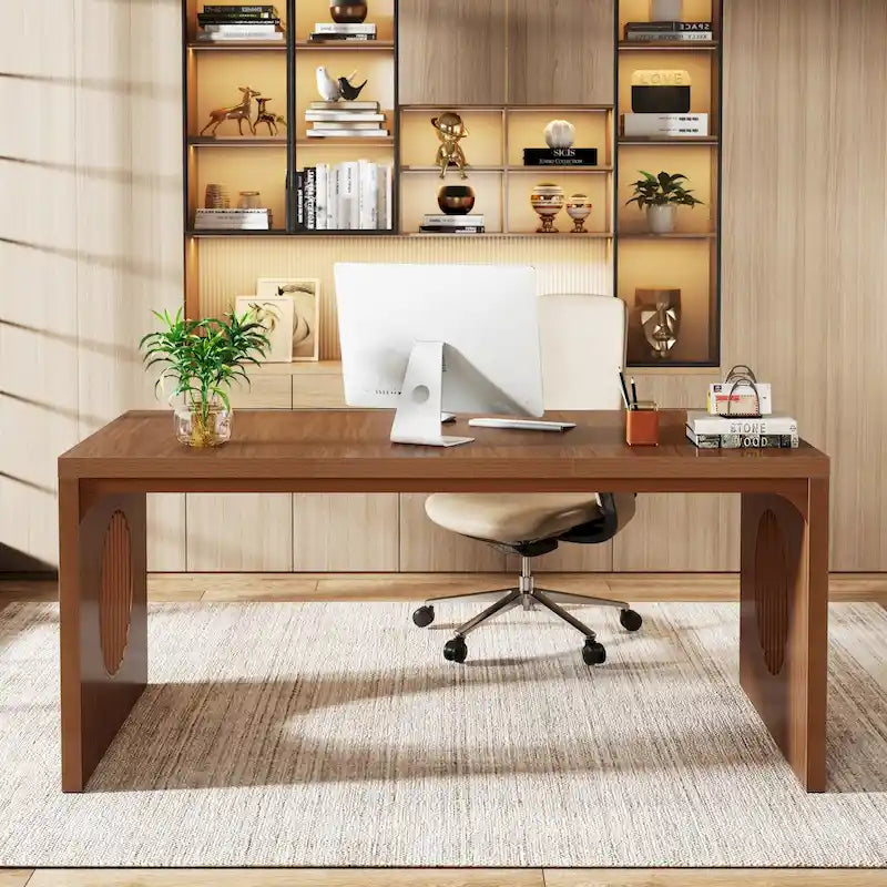 63  Computer Office Desk, Industrial Executive Desk, Rectangular Sturdy Writing Table with Wooden Tabletop for Home Office